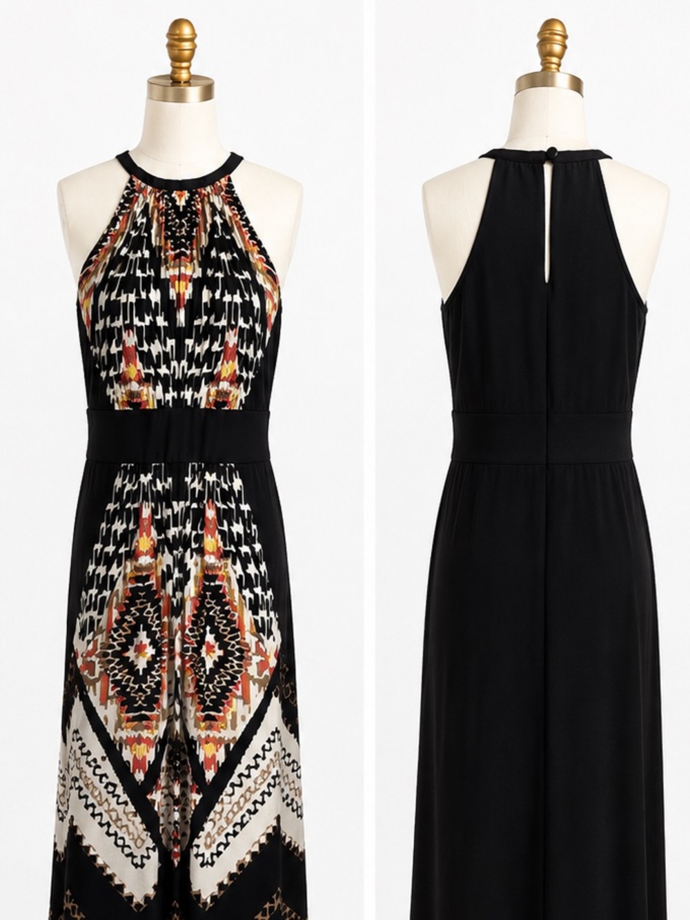 Maggy London Black Maxi Dress with Cream and Rust Pattern